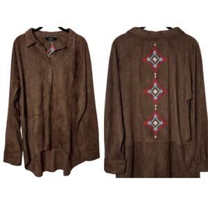 Joh Brown Faux Suede Top Embroidered Southwestern Aztec Tunic Women's XL Boho